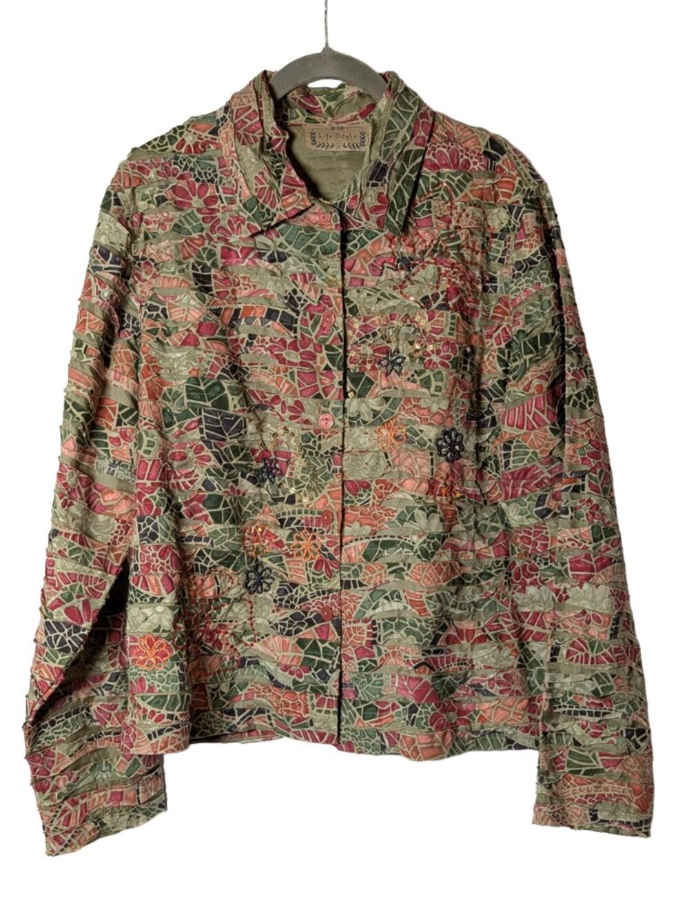 Life Style sz L Unique Shirt/Jacket/Shacket in Pinks & Greens w/ Beading Detail